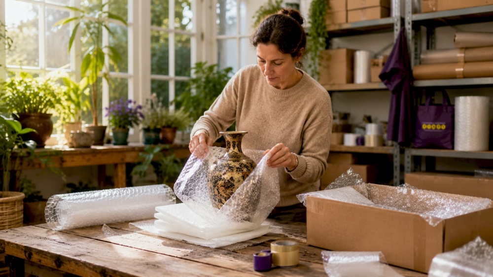 Hands wrapping antique vase with bubble wrap